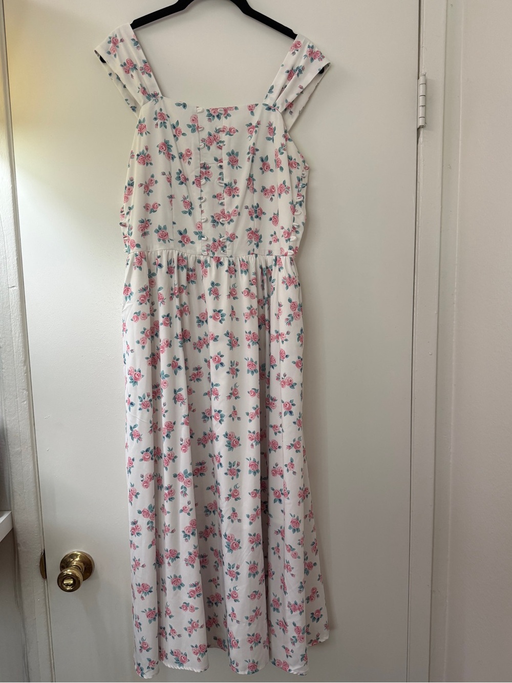 Floral White Maxi Dress with Pink Rose Print